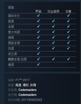 《F1 2017》首个预告片发布 收录三款经典赛车