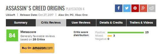 《刺客信条：起源》媒体评分：均分8分、总体好评