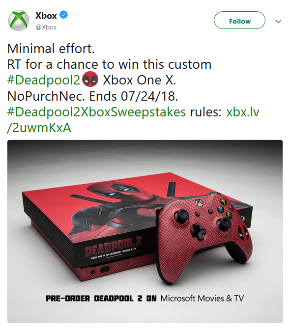 微软转发抽送《死侍2》主题定制限定Xbox One X