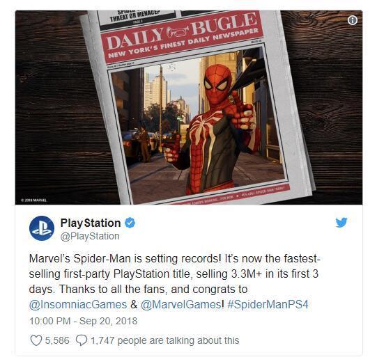 《蜘蛛侠》3天销量破330万 成PS史上最热销第一方作品