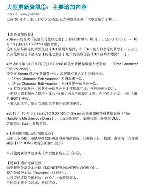 《怪物獵人：世界》大型更新內(nèi)容少 引玩家不滿