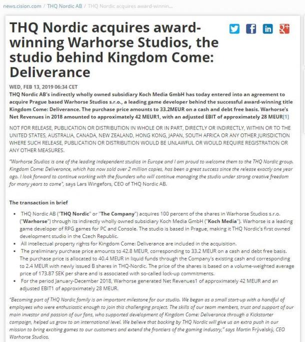 THQ Nordic收购《天国：拯救》开发商 继续独立运营