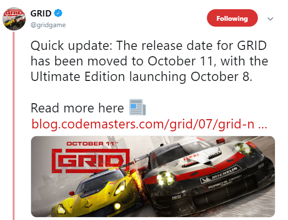 Codemasters系列重啟作《超級房車賽》發(fā)售延期至10月11日