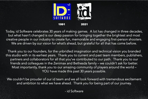 《毁灭战士》开发商庆祝成立30周年发布感谢信